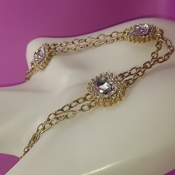 Gold tone double chain long necklace with faux diamonds - Picture 5 of 10